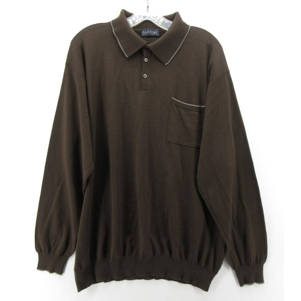 Peter Elliot Sweater 54 Merino Wool Silk Knit Polo Pullover Preppy XL